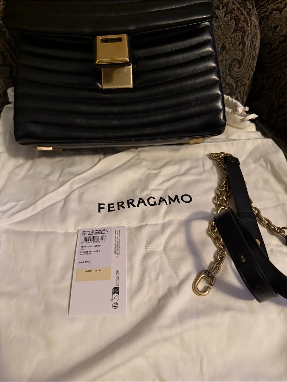 Salvatore Ferragamo Black Quilted Leather Shoulder Bag with Gold Chain Strap